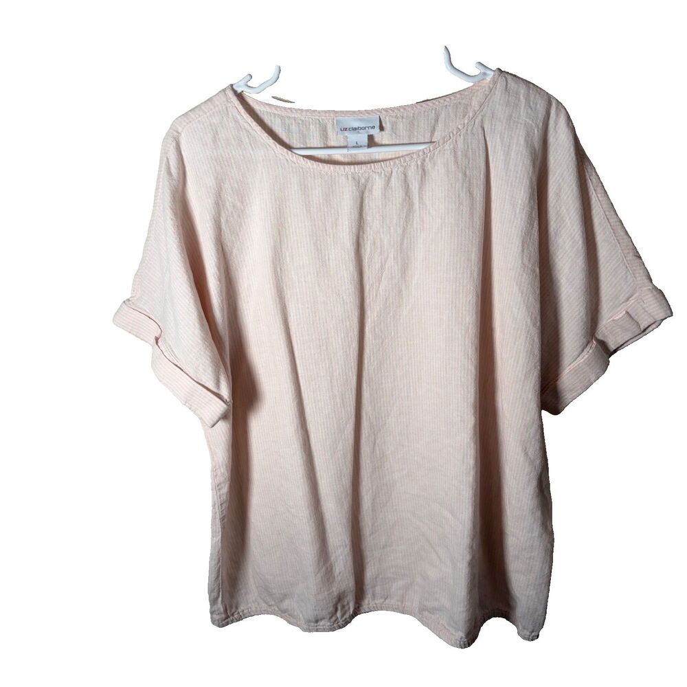 Liz Claiborne Blouse Women's Large Pink Striped Short Sleeve Linen Blend Top